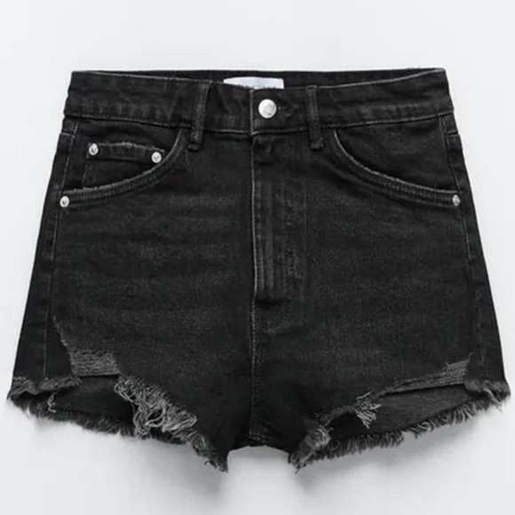 Zara Factory Distressed Shorts 5-Pocket Denim Dungaree Black High-Rise Branded - Picture 7 of 12